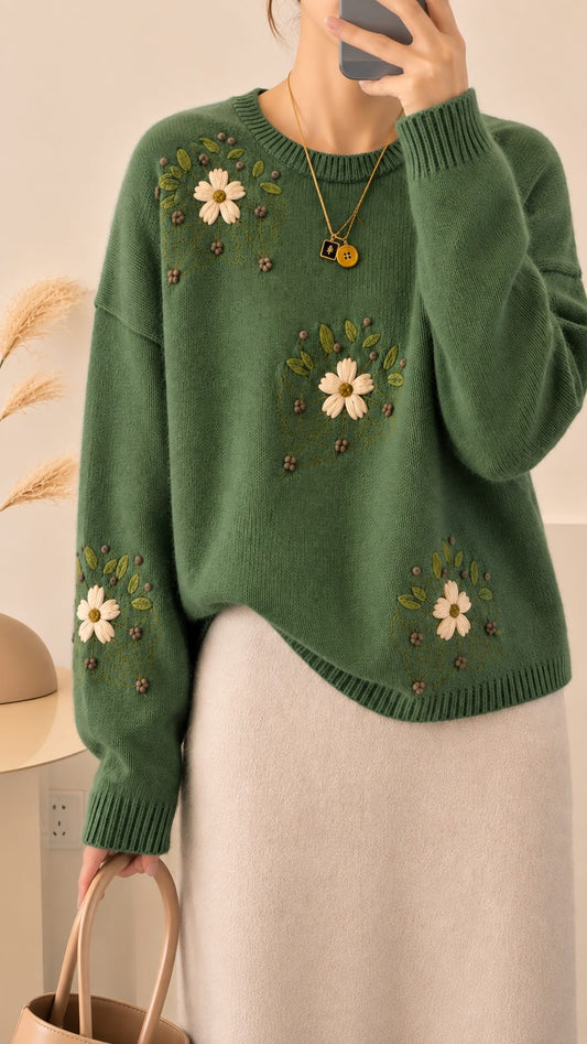 UZ Store Sweaters Vintage Green Embroidered Long Sleeve Sweater 78358494 Vintage Green Embroidered Long Sleeve Sweater