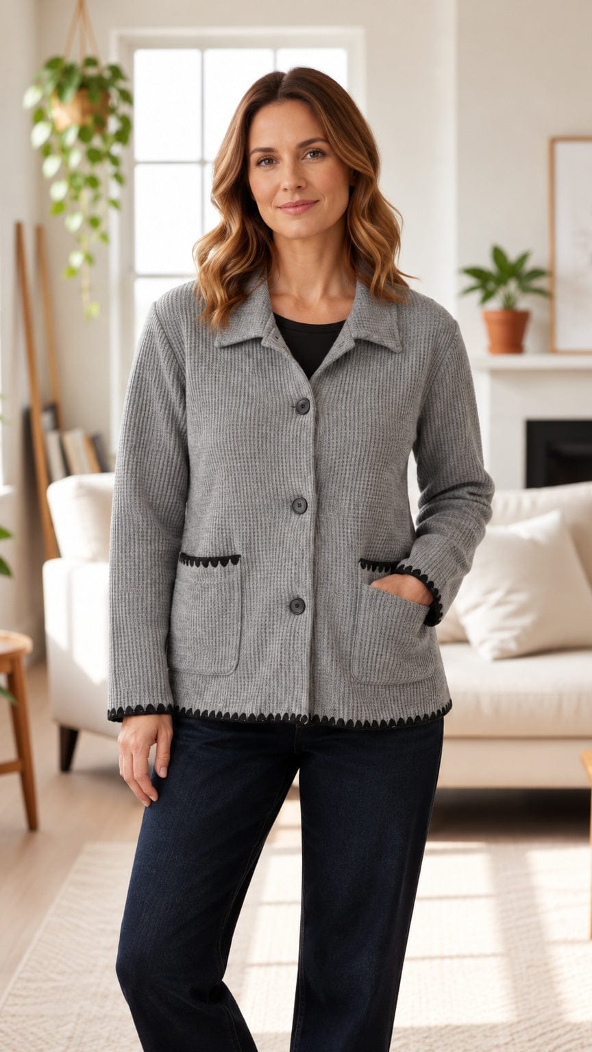 Creation by Lady Liberty Jackets Waffle Knit Button Up Jacket Waffle Knit Button Up Jacket