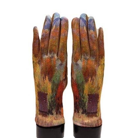 A pair of gloves with a colorful, textured abstract print resembling an oil painting, featuring warm tones of orange, brown, and yellow with blue and green accents, displayed on a white background.