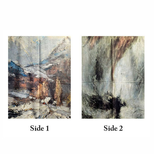 Two views of a folding canvas print labeled Side 1 and Side 2, showing an abstract mountain landscape painting in muted gray, white, brown, and blue tones on a white background.