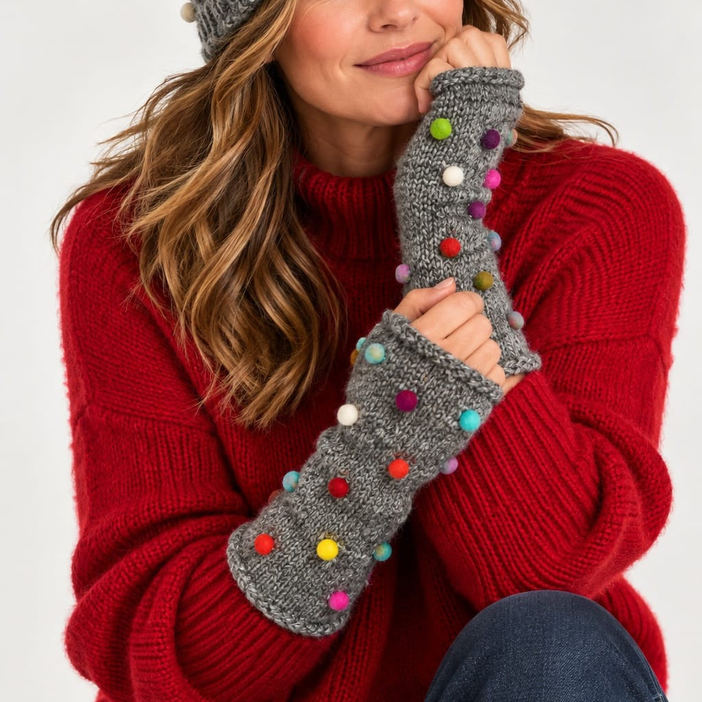 Yak & Yeti Gloves Wool Pom Pom Fingerless Gloves - Multiple Colors Wool Pom Pom Fingerless Gloves - Multiple Colors