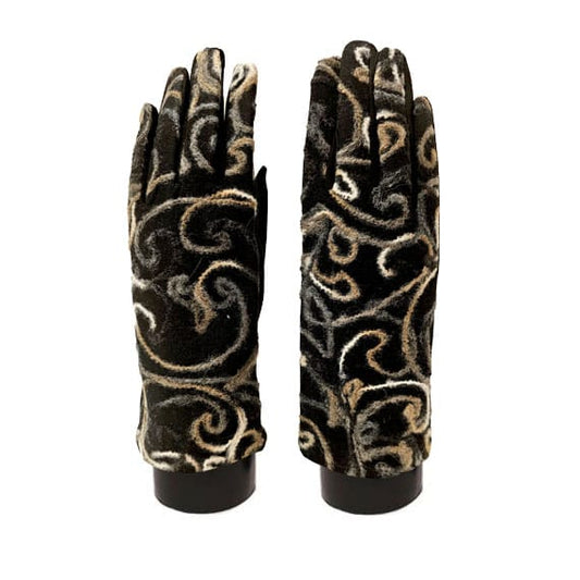 A pair of black gloves with an intricate beige and gray scrollwork pattern, displayed side-by-side against a plain white background.