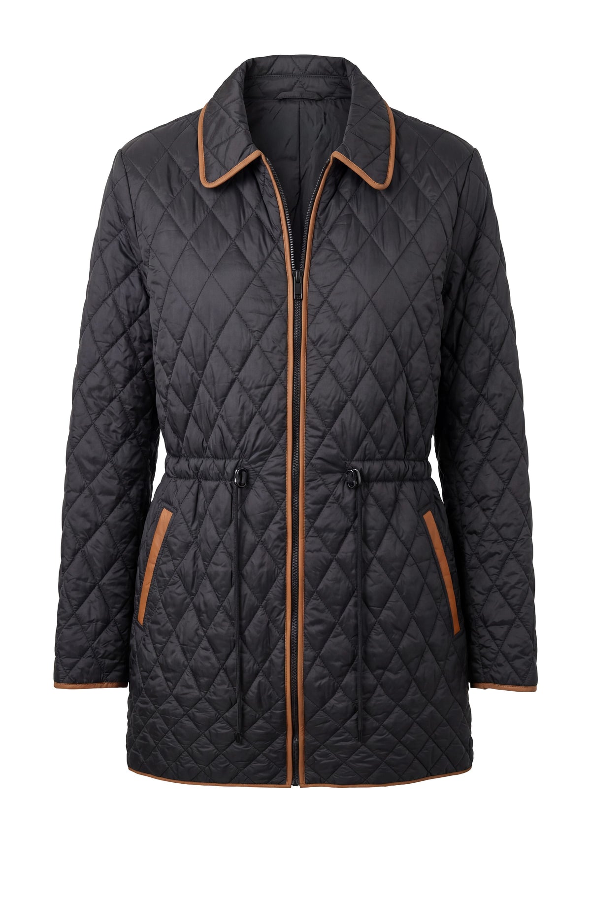 Quilted jacket with brown accents on a white background