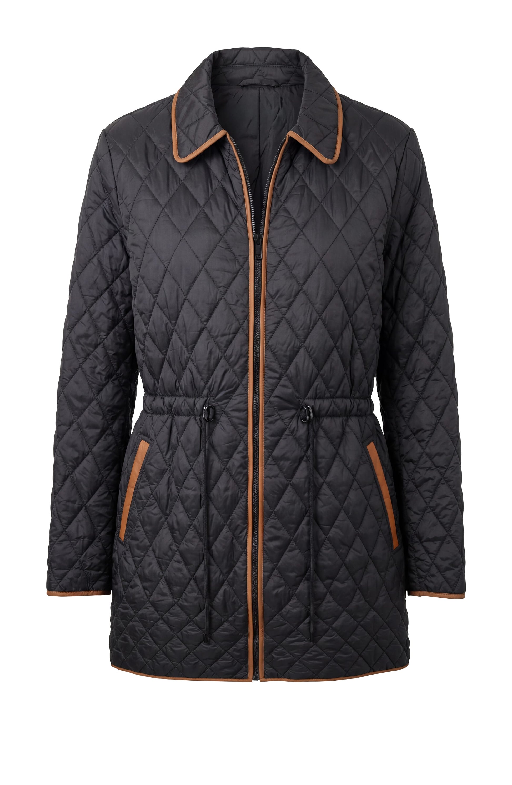 Quilted jacket with brown accents on a white background