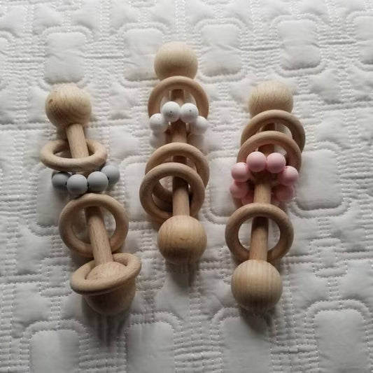 Silicone Wood Teething Rattle Toys - Multiple Colors