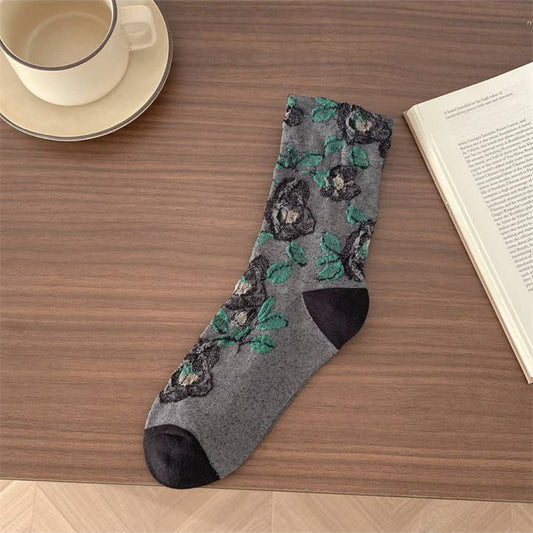 Classic Rose Embroidery Crew Socks - Multiple Colors