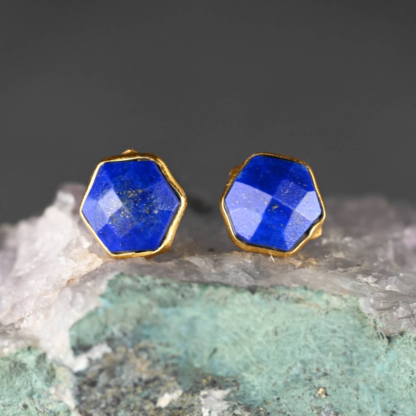 KBD Studio Hexagon Gemstone Stud Earrings - Multiple Colors