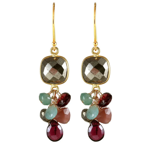 Alicia Van Fleteren Pyrite Link, Garnet, Rose Quartz, Garnet & Moonstone Earrings