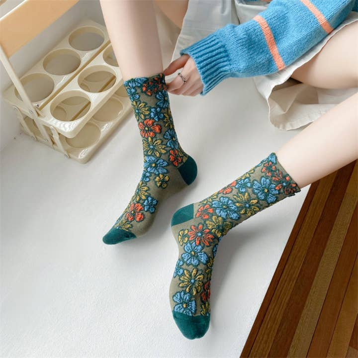 Floral Wide-Cuff Socks - Multiple Colors