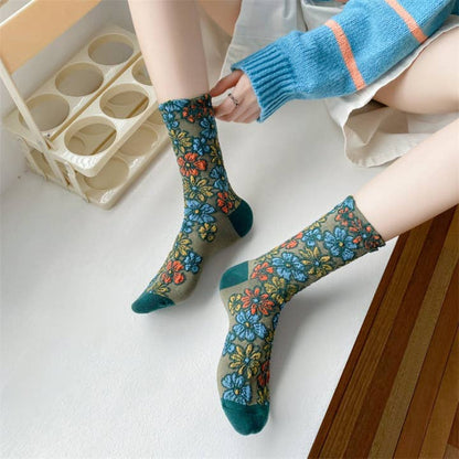 Floral Wide-Cuff Socks - Multiple Colors