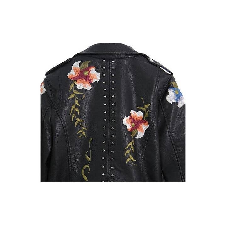 Rivet Embroidery Short Leather Jacket