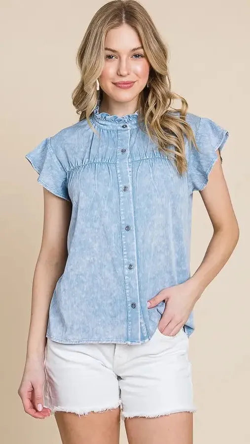Lime n Chili Tops Mineral Wash Ruffle Button Down Shirt 71334878 Mineral Wash Ruffle Button Down Shirt