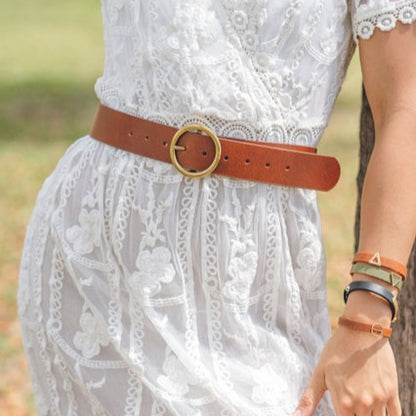 Leather Wide Brass-Toned Buckle Belt - Multiple Colors