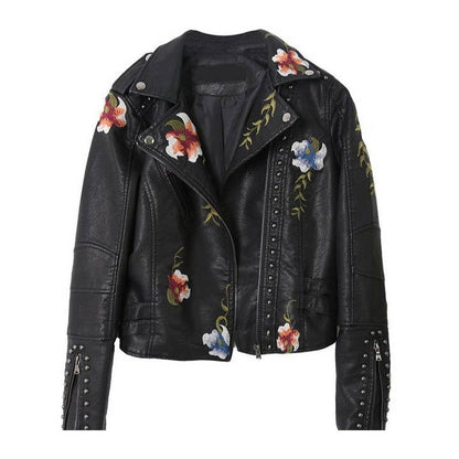 Rivet Embroidery Short Leather Jacket