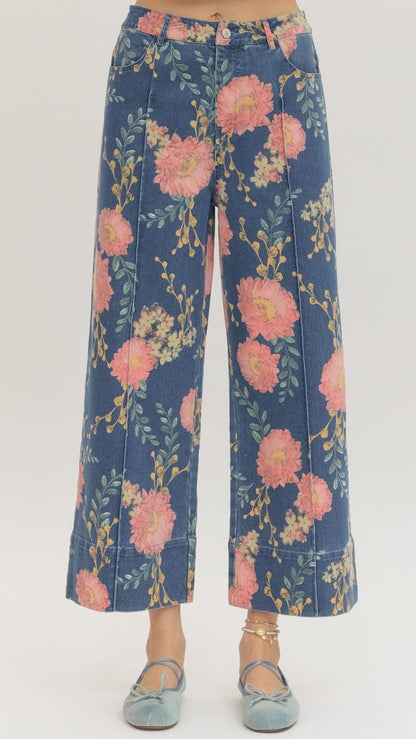Entro Pants Floral Print Denim Pants 64559838 Floral Print Denim Pants