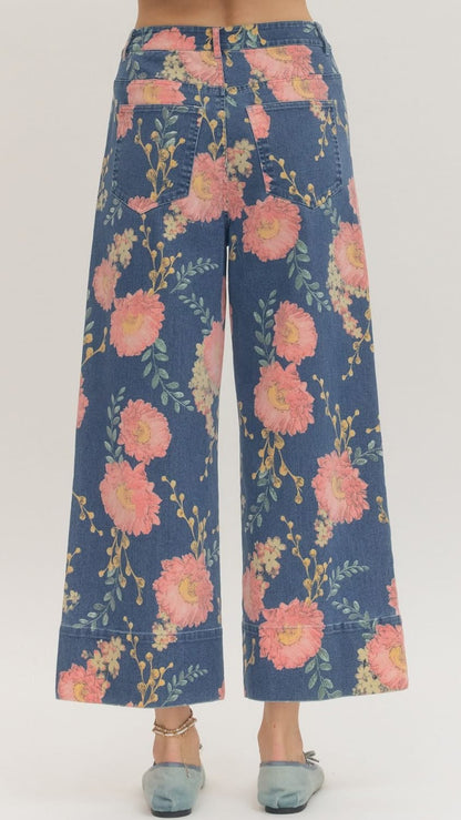 Entro Pants Floral Print Denim Pants Floral Print Denim Pants