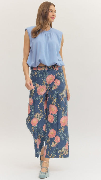 Entro Pants Floral Print Denim Pants Floral Print Denim Pants