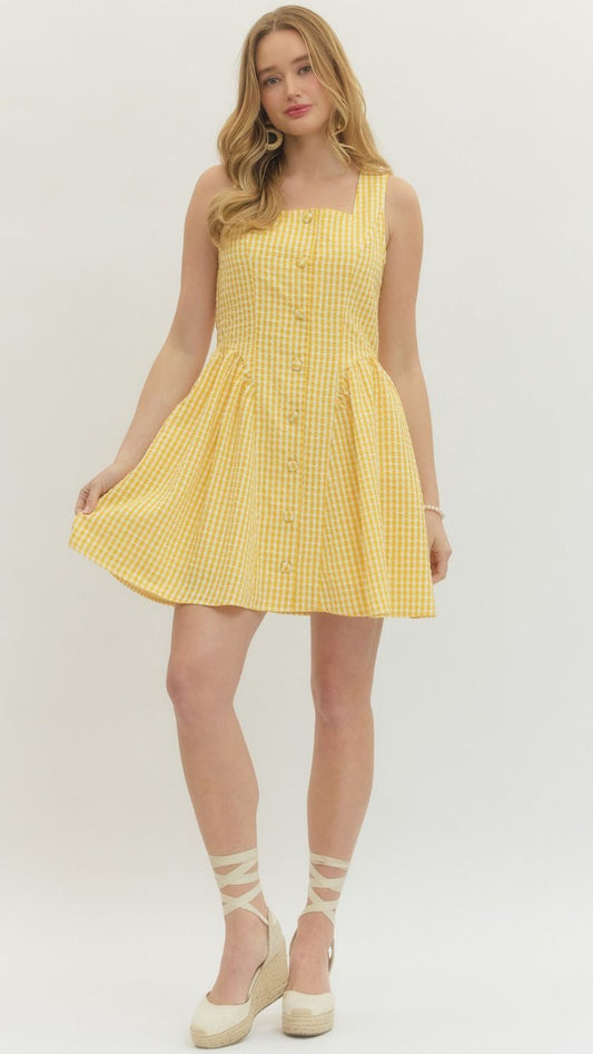 Yellow Plaid Button Dress