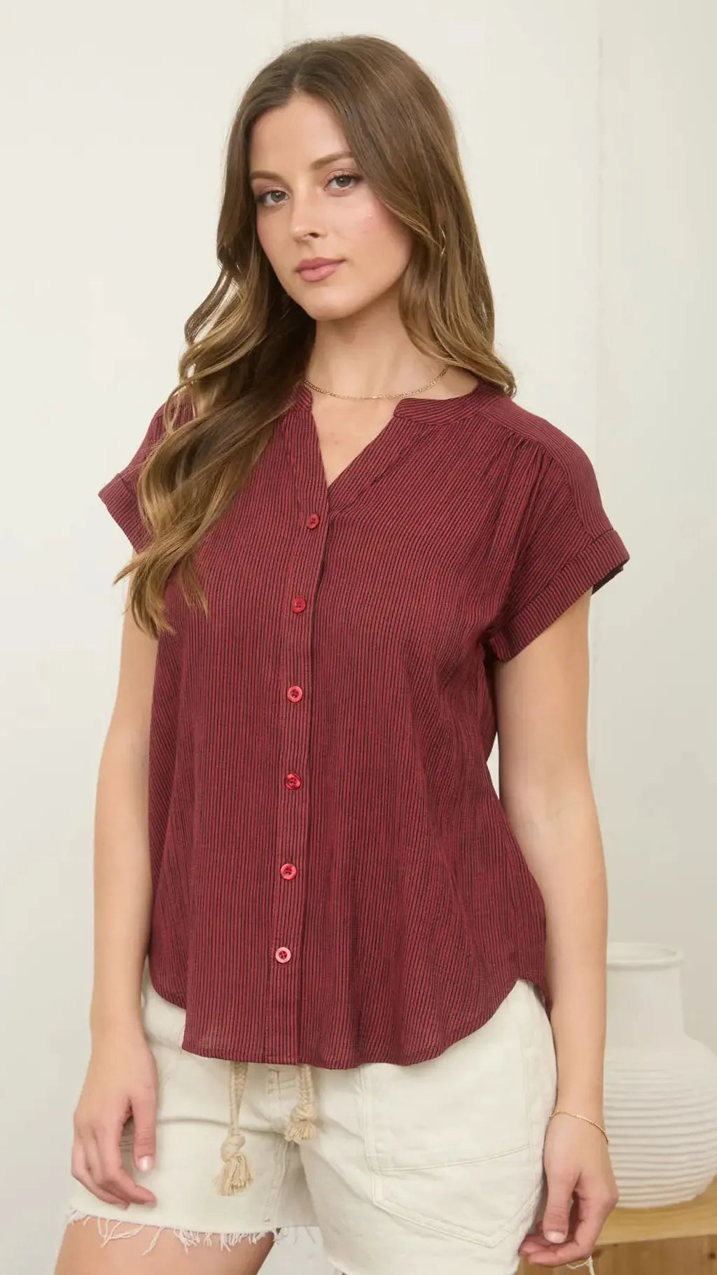 Blu Pepper Tops Pinstripe Cuff Sleeve Button Down - Multiple Colors 50378206 Pinstripe Cuff Sleeve Button Down - Multiple Colors