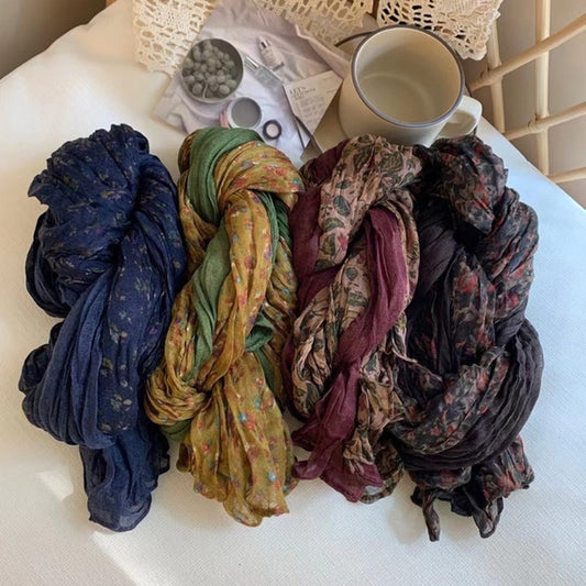 Vintage Floral Lightweight Ruched Scarf - Multiple Colors