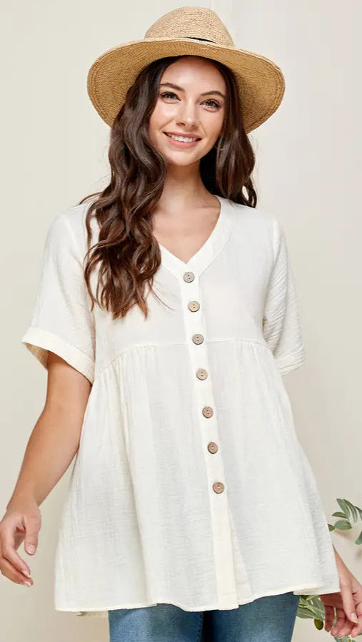 Cotton Gauze V-Neck Loose Tunic