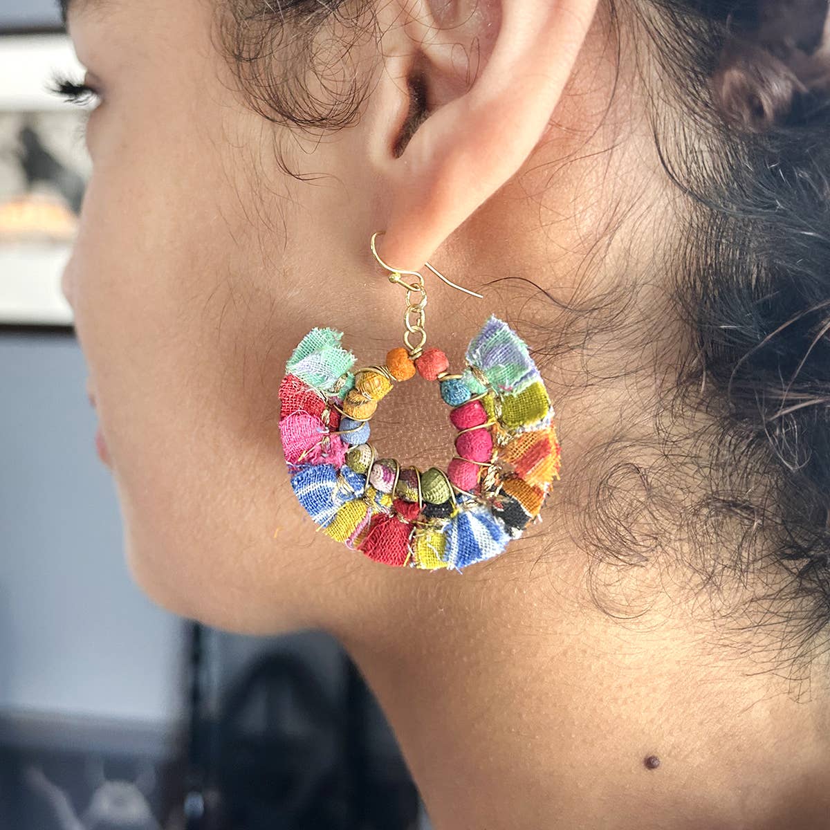 World Finds Tasseled Kantha Hoop Earrings