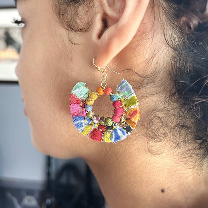 World Finds Tasseled Kantha Hoop Earrings