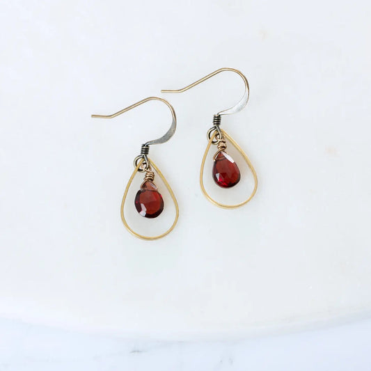 Edgy Petal Garnet Golden Teardrop Earrings