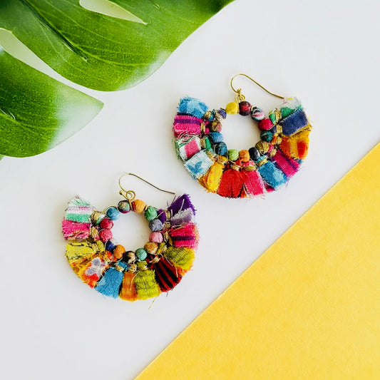 World Finds Tasseled Kantha Hoop Earrings