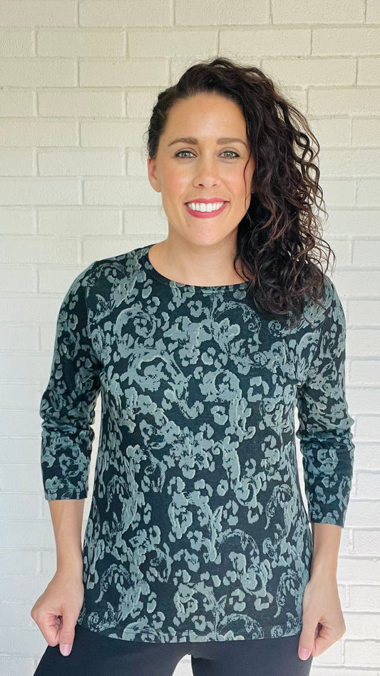 Cut Loose Floral Jacquard 3/4 Sleeve Boatneck Tee - Multiple Colors
