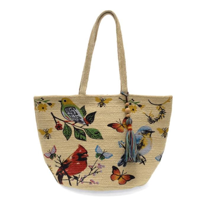 Joy Susan Bags Joy Susan Painted Bird Avis Jute Tote with Tassel 60236254 Joy Susan Painted Bird Avis Jute Tote with Tassel
