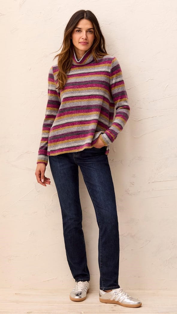 Tribal Sweaters Tribal Brushed Knit Stripe Funnel Neck Sweater - Multiple Colors Tribal Brushed Knit Stripe Funnel Neck Sweater - Multiple Colors