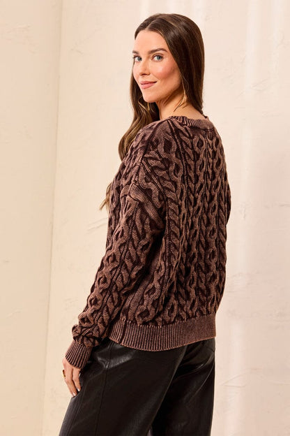 A woman wearing a brown cable-knit sweater with a textured pattern, shown from a side-back angle against a light beige wall.
