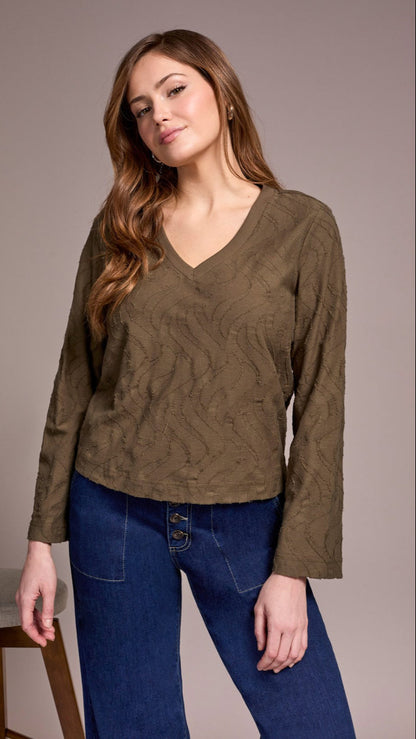 Tribal Textured Knit V-Neck Top - Multiple Colors