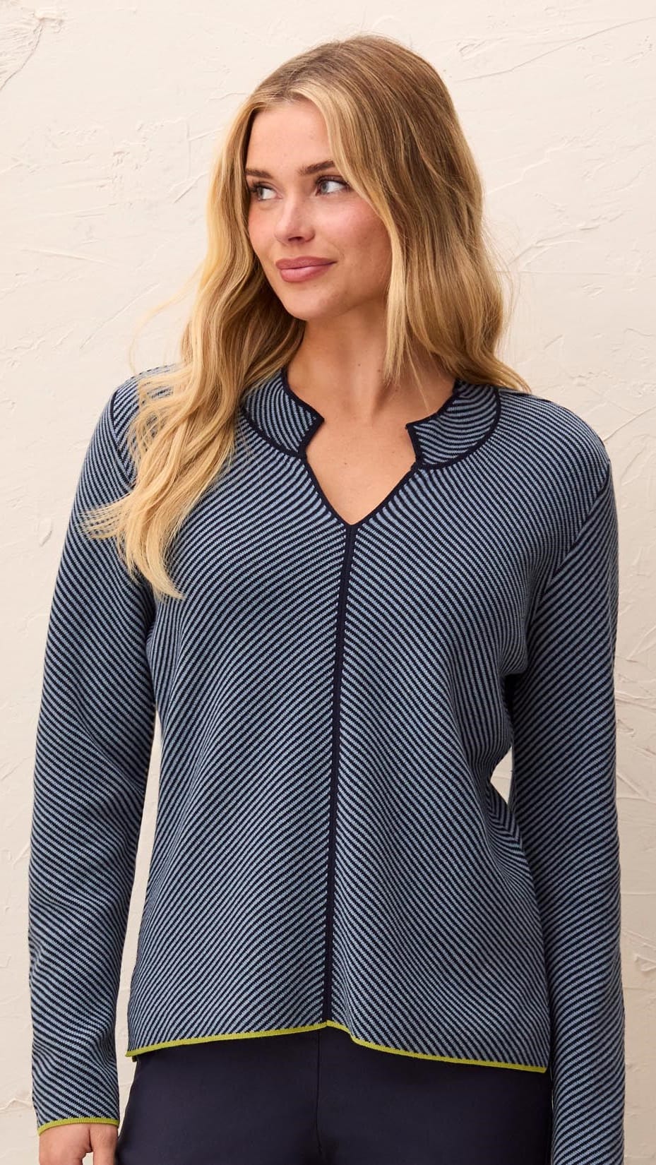 Tribal Sweaters Tribal Textured Diagonal Stripe Split Neck Sweater - Multiple Colors Tribal Textured Diagonal Stripe Split Neck Sweater - Multiple Colors