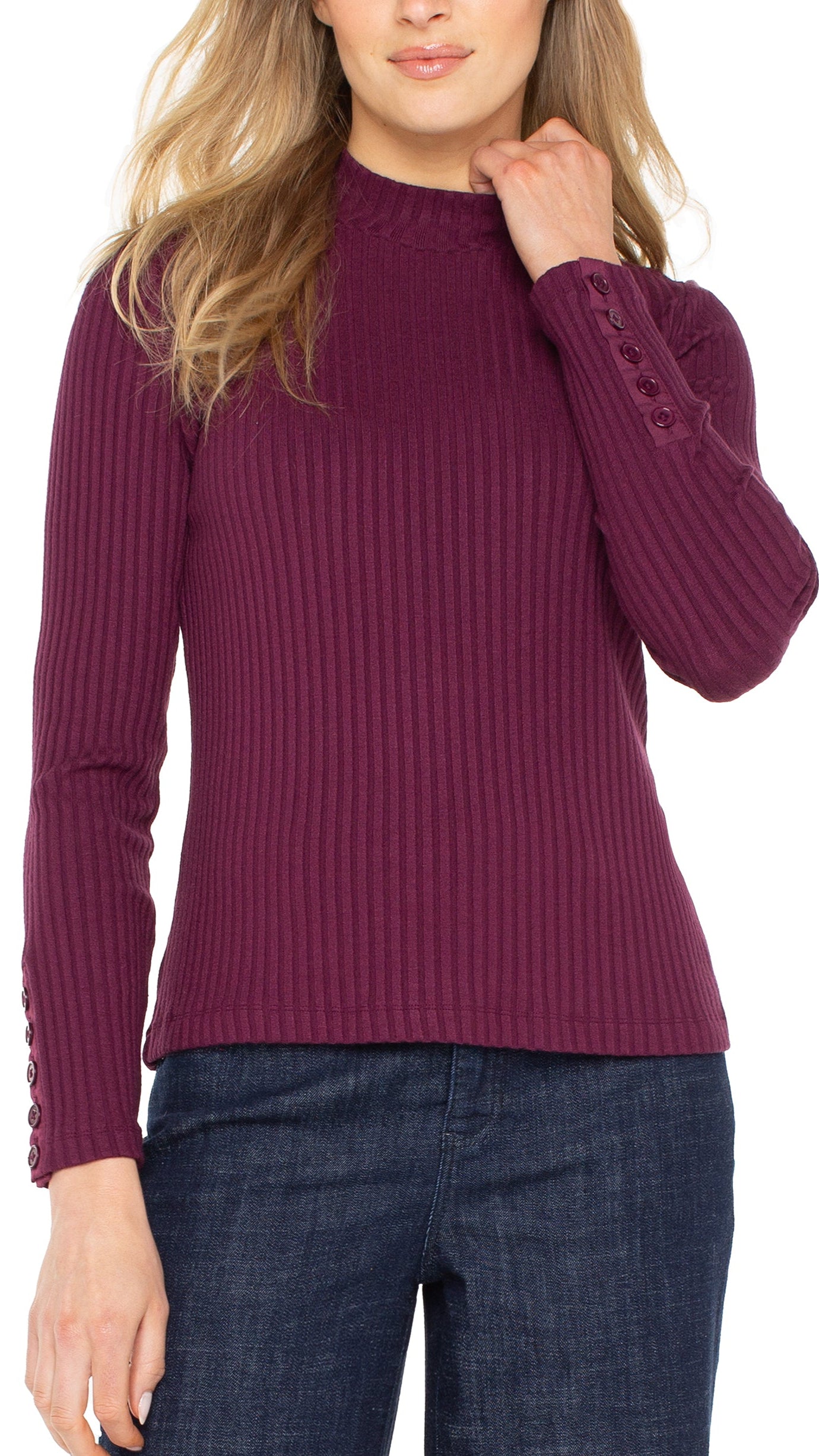Liverpool Knit Mock Neck Top w/ Button Detail - Multiple Colors