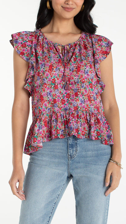 Liverpool Blouses Liverpool Flutter Sleeve Peplum Woven Top with Ties Liverpool Flutter Sleeve Peplum Woven Top with Ties