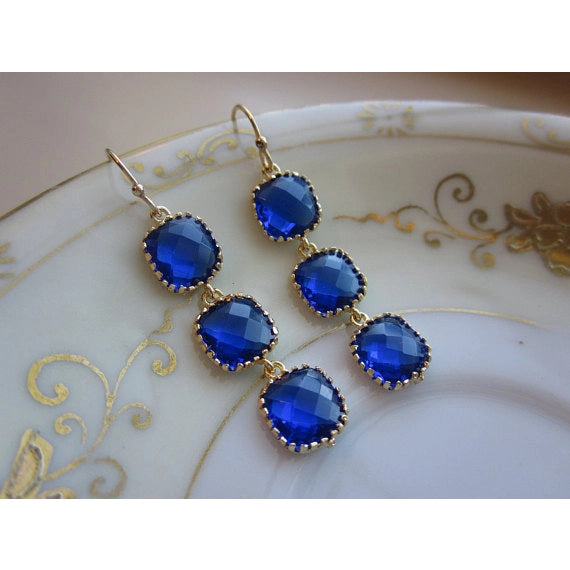Laalee Jewelry Cobalt Blue 3 Tier Gold Earrings