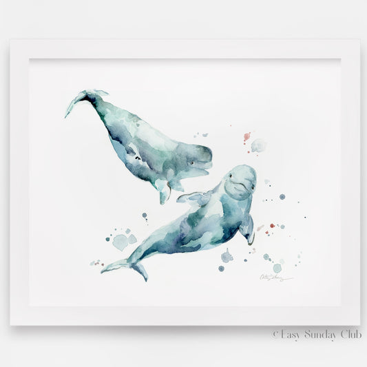 Easy Sunday Club Beluga Whales Watercolor Print