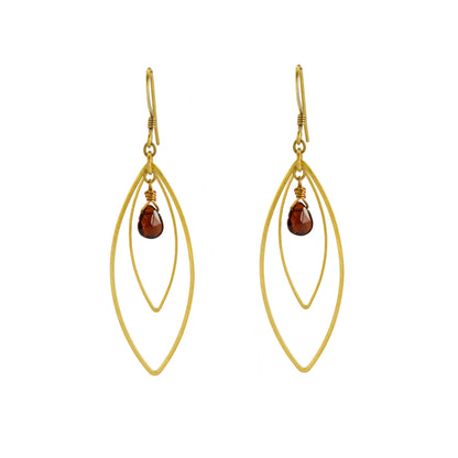 Edgy Petal Garnet Double Marquis Golden Teardrop Earrings