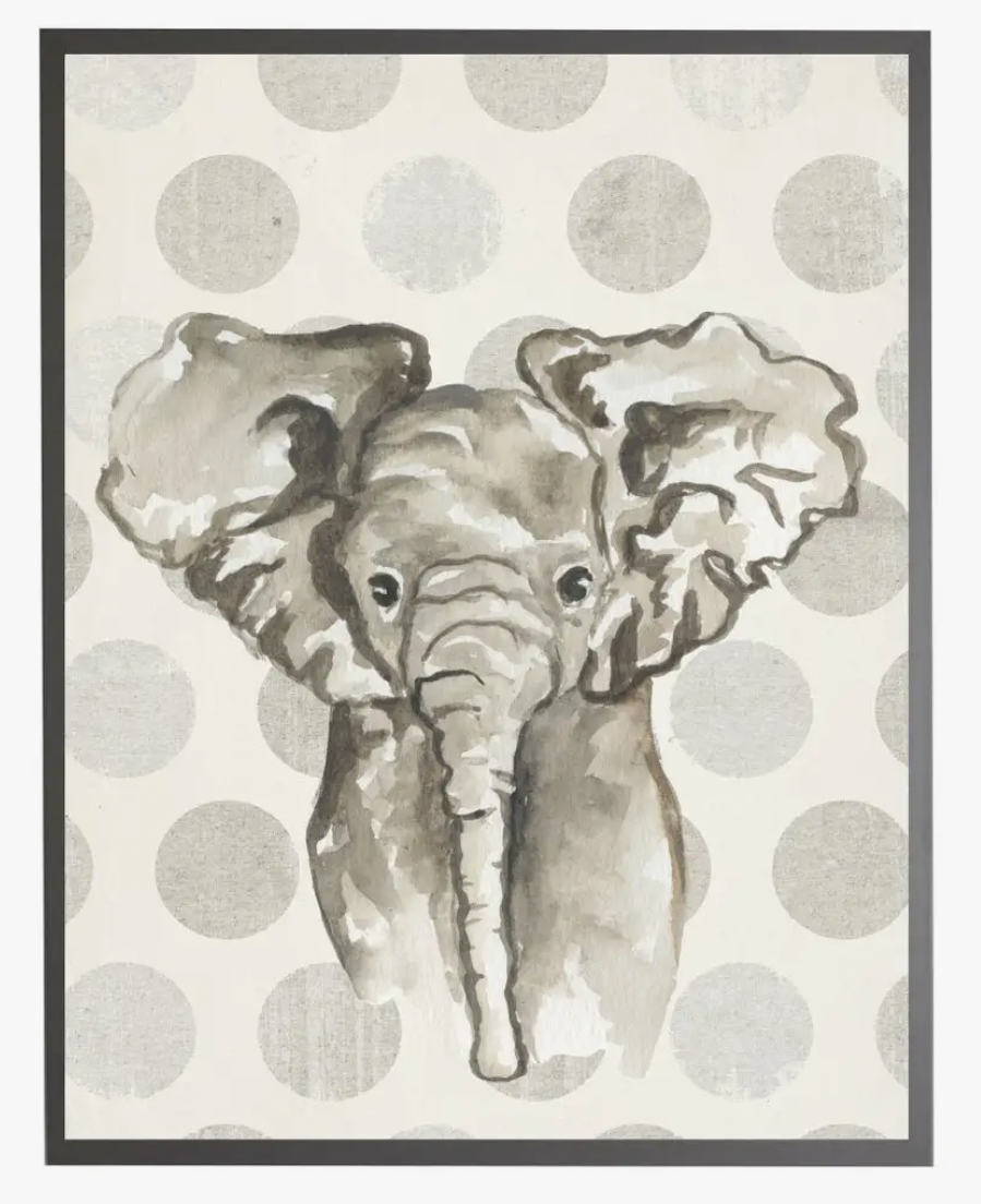 Antique Curiosities Watercolor Baby Elephant On Grey Polka Dots