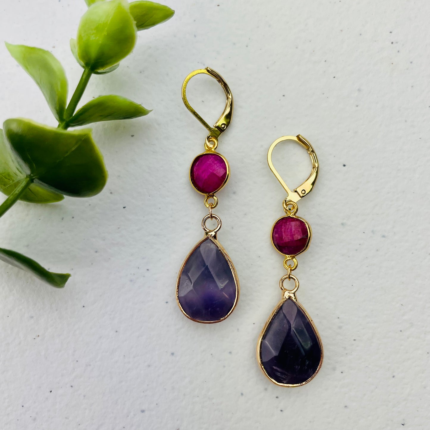 HeySparkly Natural Ruby and Natural Amethyst 2 Tier Teardrop Earring